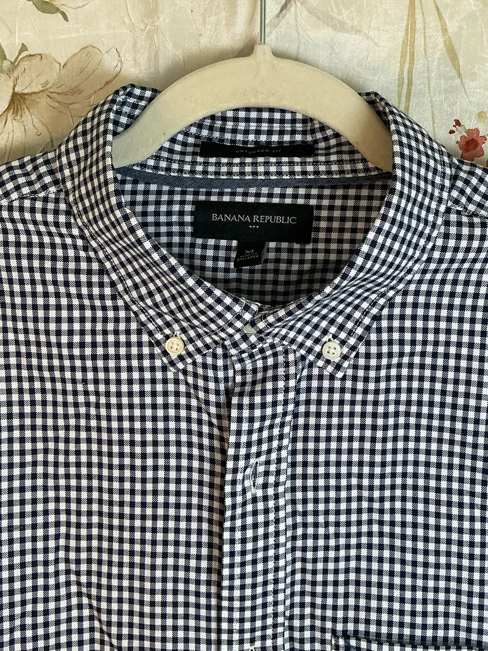 Banana Republic Untucked Fit Gingham Button Down Shirt Navy White Men's XL